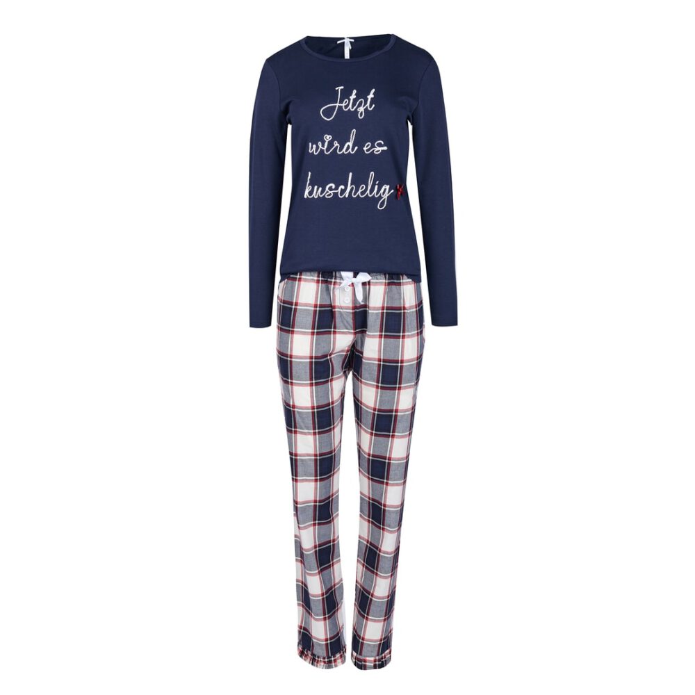 louis & louisa damen-pyjama 'jetzt wird es kuschelig' blau/flanell