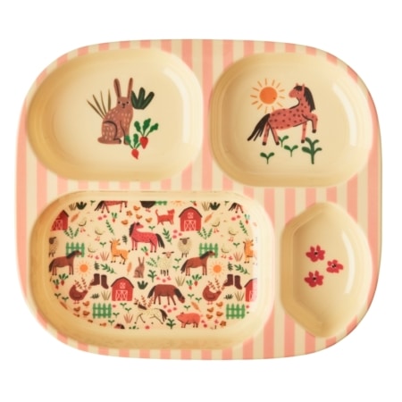 rice tiefer kinderteller, soft pink farm print