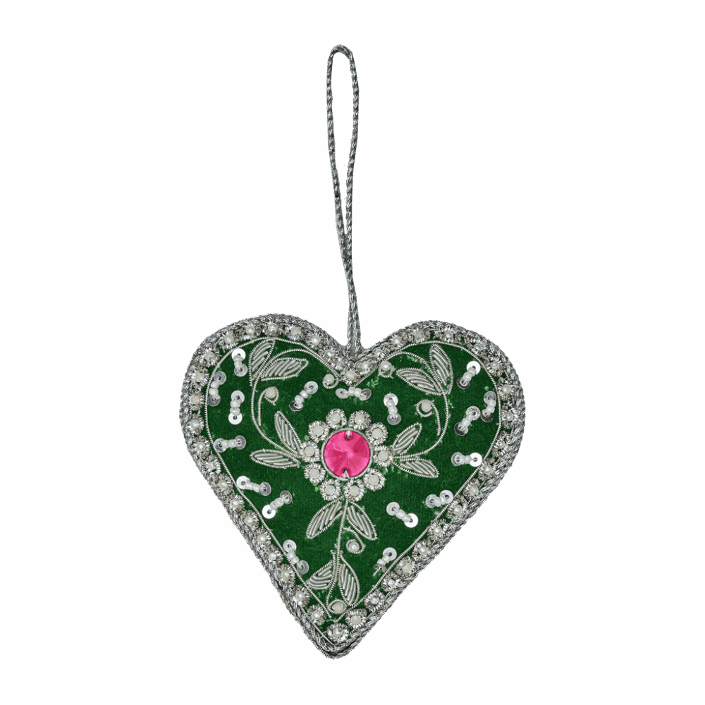 rice anhänger aus velours "herz" grün